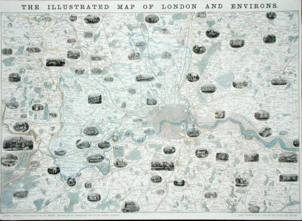 London és környéke illusztrált térképe, 1845-55 körül (színes litó) alkotó: John Dower