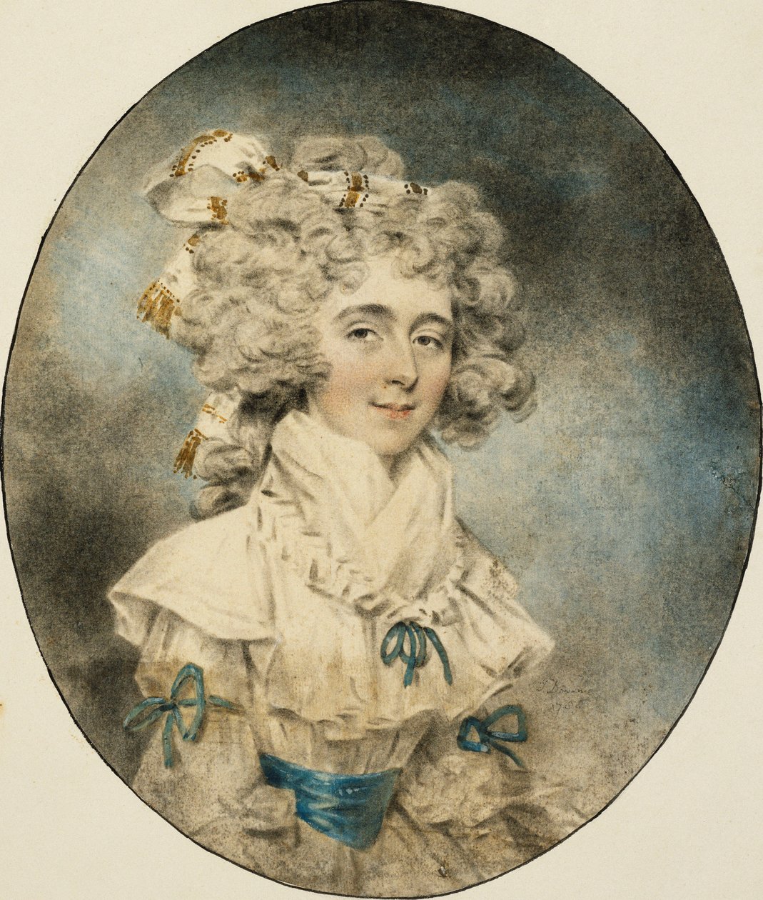 Mrs. Fisher portréja, félhosszú, kék szalagokkal díszített fehér ruhában, 1788 alkotó: John Dowman