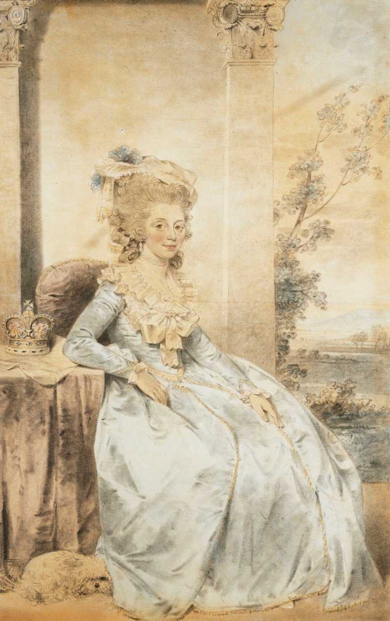 Charlotte királynő portréja egy asztal mellett ülve, és a tájon túl, 1784 alkotó: John Dowman