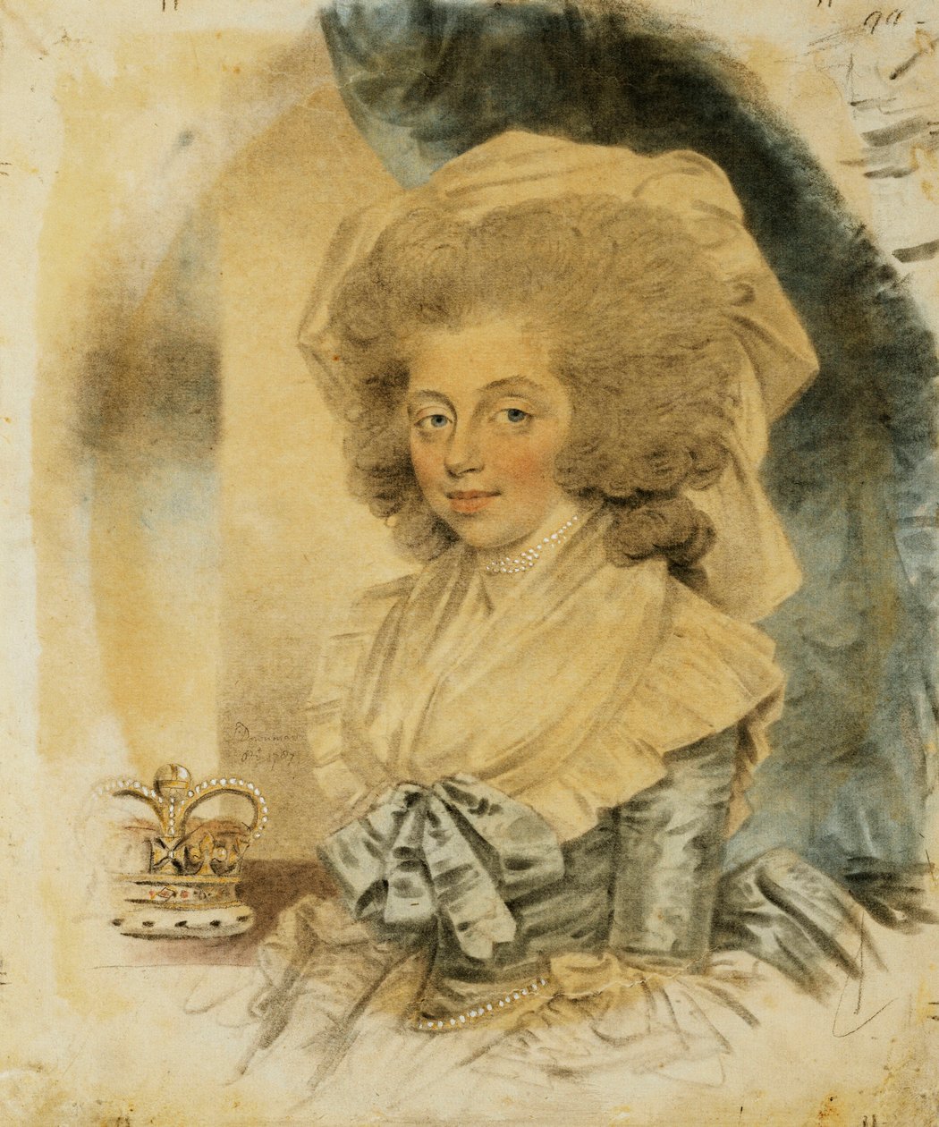 Charlotte királynő portréja, kis félhosszú, kék-fehér ruhát viselő, koronája mellette, 1787 alkotó: John Dowman