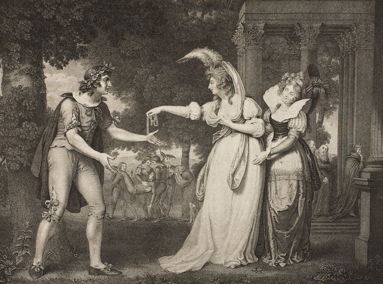 Gyep a herceg palotája előtt, I. felvonás, II. jelenet az „As You Like It”-ből, a Boydell Shakespeare Galériából, 19. század végén jelent meg alkotó: John Downman