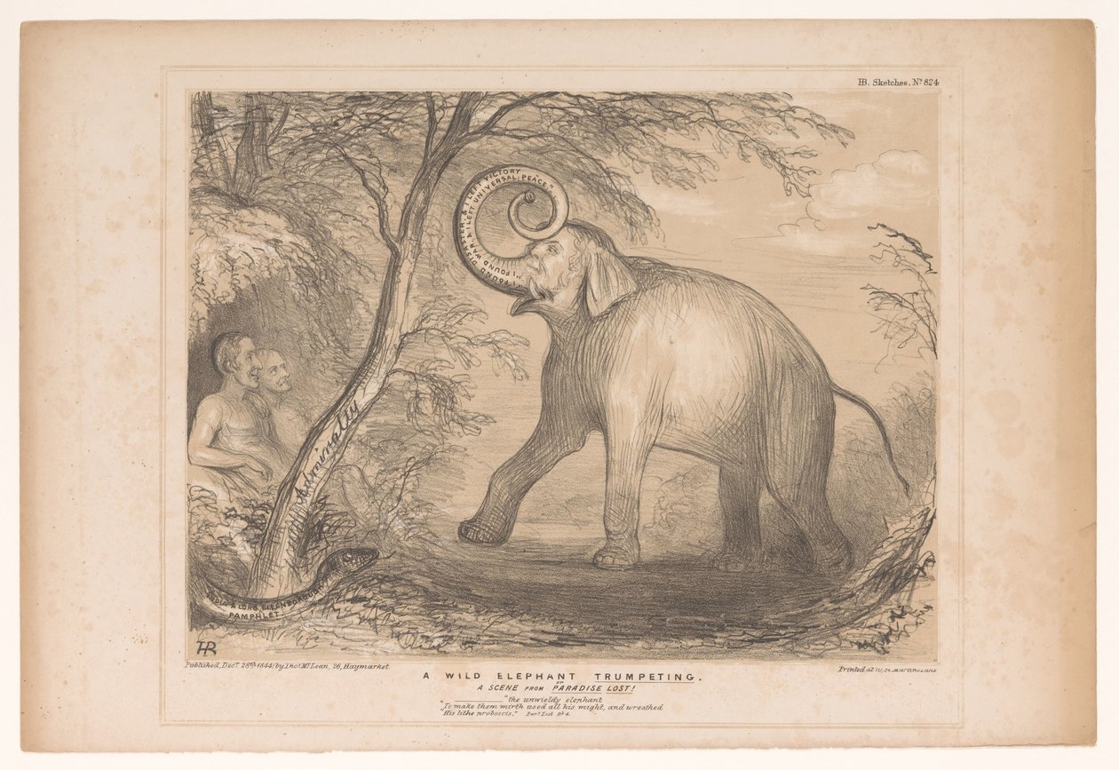Spotprent találkozott Lord Ellenborough-val, mint vad olifant Egy vad elefánt trombitál. Jelenet az Elveszett Paradicsomból! (cím a tárgyon) HB Sketches (sorozat címe az objektumon) alkotó: John Doyle
