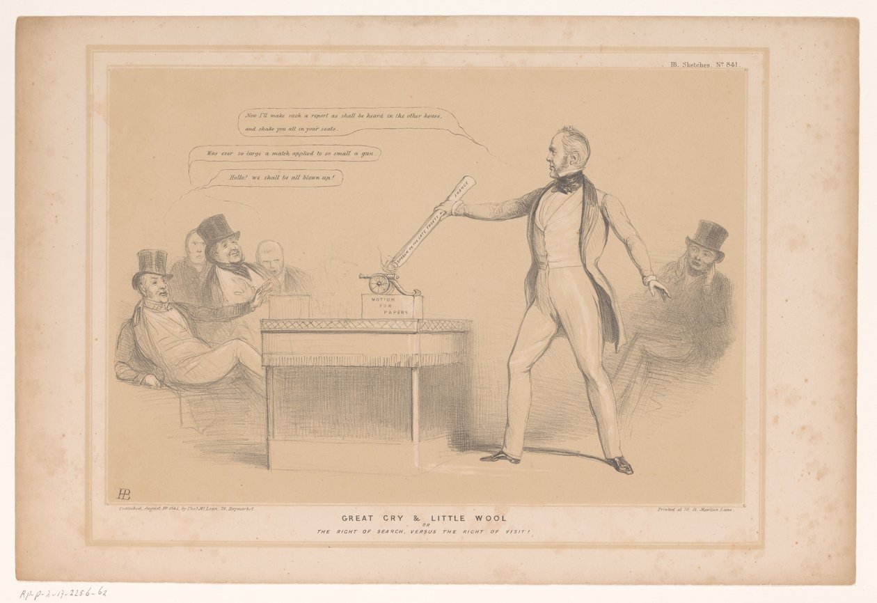 Spotprent találkozott Lord Palmerstonnal Nagy sírás és kis gyapjú vagy A keresés joga a látogatás jogával szemben! (cím a tárgyon) HB Sketches (sorozat címe az objektumon) alkotó: John Doyle