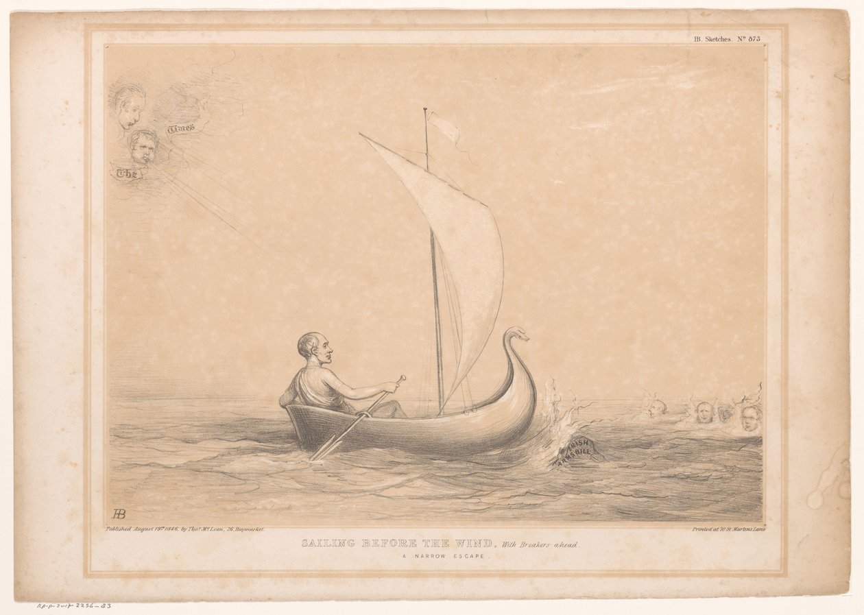A Spotprent a zeilbootban találkozott Lord Russell-lel Vitorlázni a szél előtt, Breakers-el előre. Szűk menekülés (cím az objektumon) HB Sketches (sorozat címe az objektumon) alkotó: John Doyle