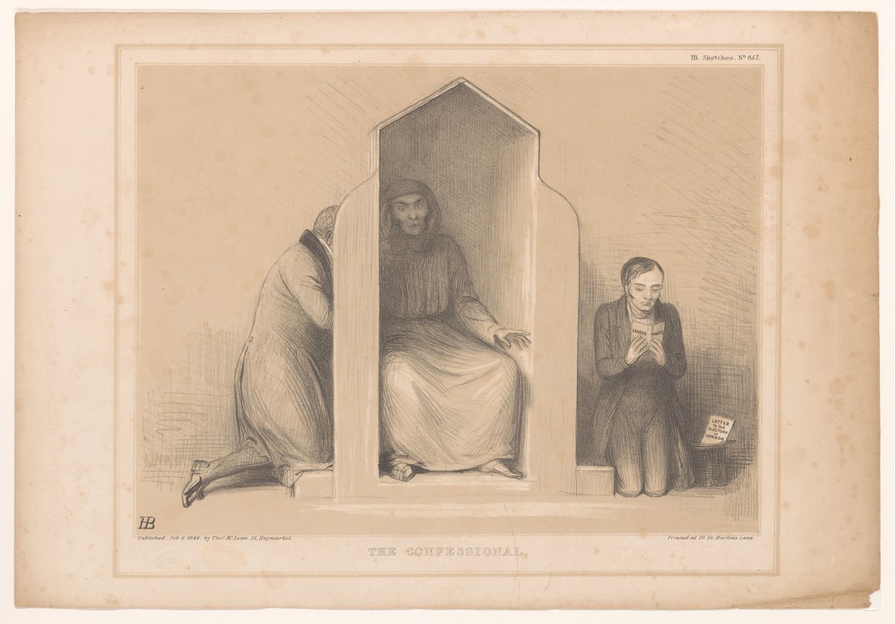 Spotprent találkozott Roebuck als biechtvaderrel A gyóntatószék (cím a tárgyon) HB Sketches (sorozat címe az objektumon) alkotó: John Doyle