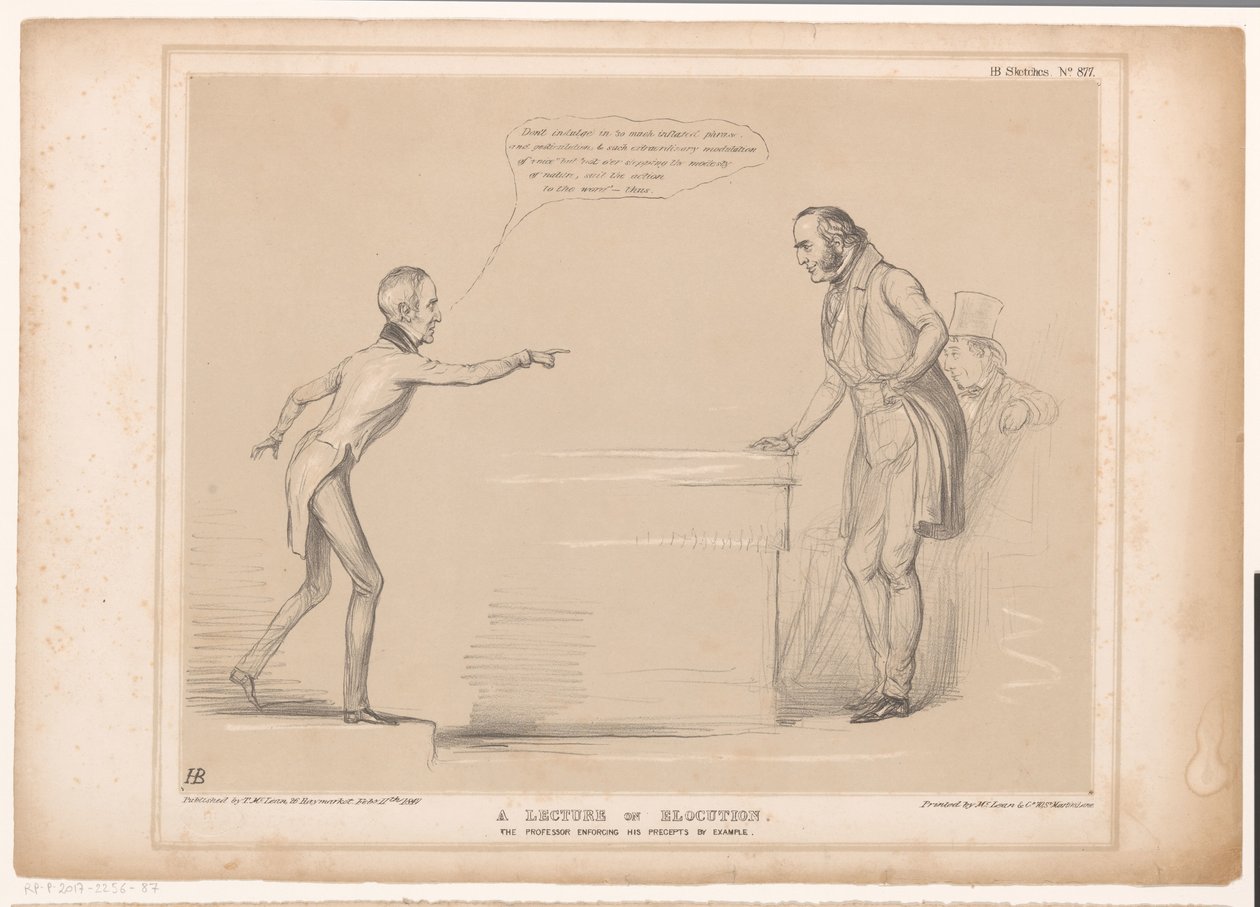 Spotprent találkozott Roebuckkal és Lord Bentinckkel Előadás az elokucióról. A professzor, aki példával érvényesíti előírásait (cím a tárgyon) HB Sketches (sorozat címe az objektumon) alkotó: John Doyle