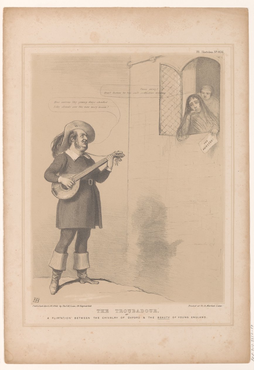 Spotprent trubadúrként találkozott Sir Robert Inglisszel A trubadúr, avagy Flört Oxford lovagiassága és a fiatal Anglia szépsége között (cím a tárgyon) HB Sketches (sorozat címe az objektumon) alkotó: John Doyle