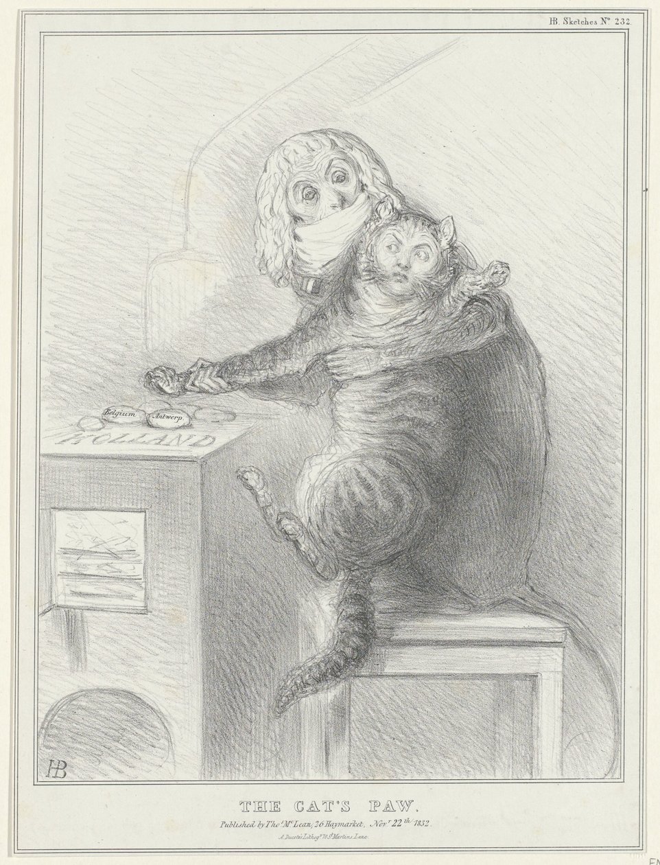 Spotprent op Talleyrand en Palmerston, 1832 A macskamancs (cím a tárgyon) Politikai vázlatok (sorozat címe) alkotó: John Doyle