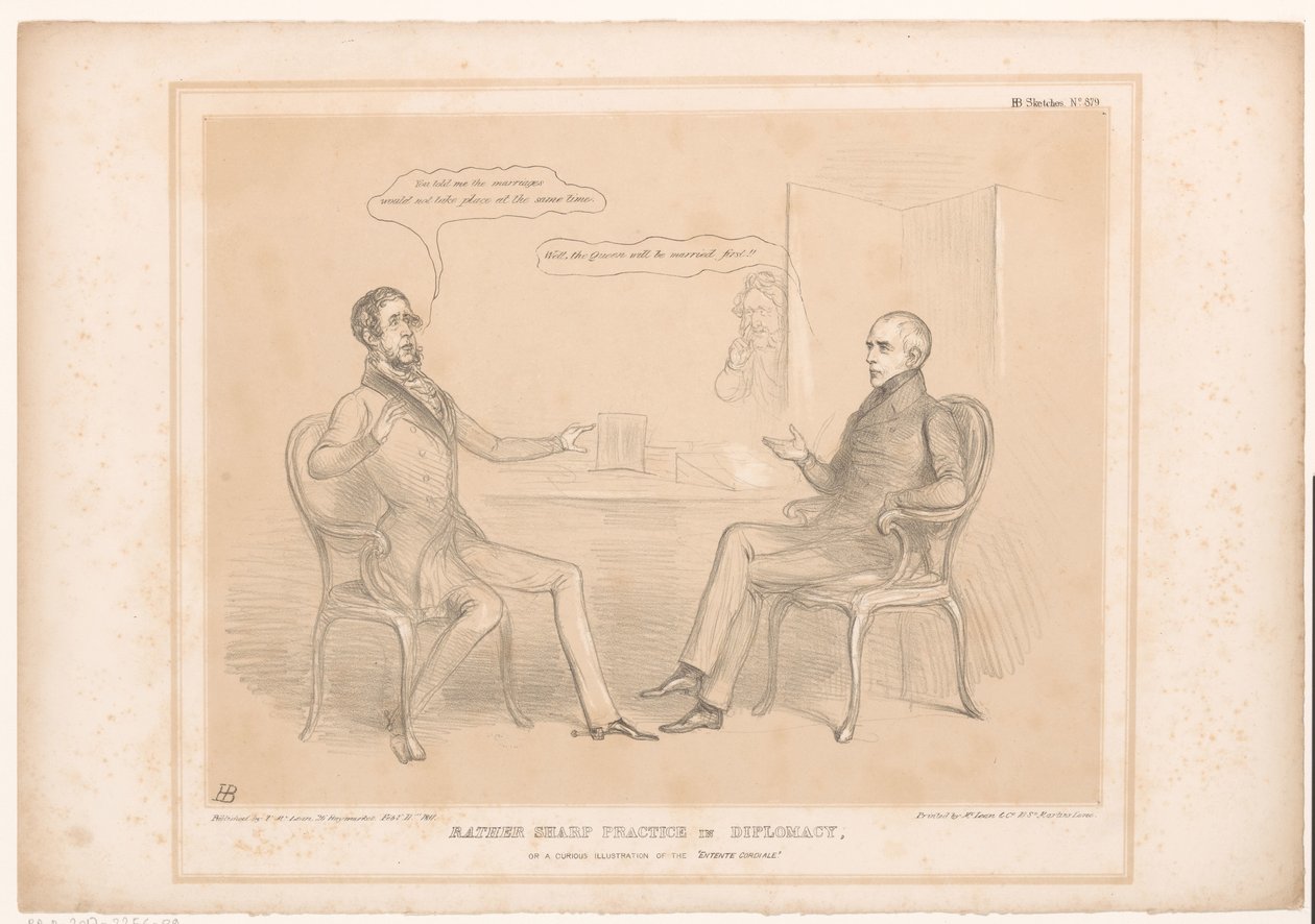 Spotprent op koninklijke huwelijken Meglehetősen éles gyakorlat a diplomáciában, vagy az Entente Cordiale furcsa illusztrációja (cím a tárgyon) HB Sketches (sorozat címe az objektumon) alkotó: John Doyle