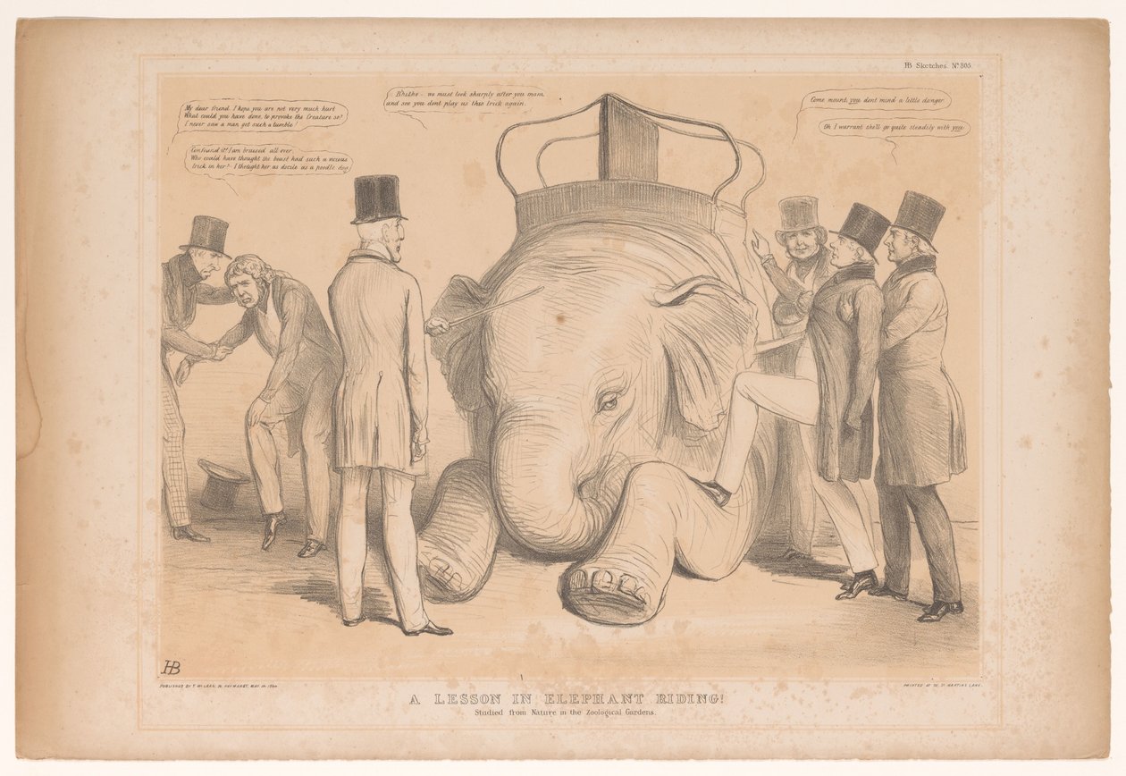 Kiváló Henry Hardinge és India kormányzója Elefántlovaglás lecke! Természetből tanulmányozva az Állatkertben (cím a tárgyon) HB Sketches (sorozat címe az objektumon) alkotó: John Doyle