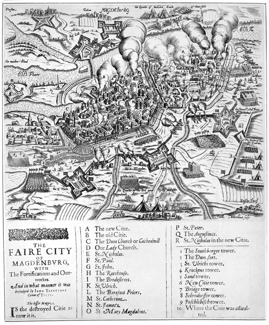 Magdenburg tündérvárosa, az erődítményekkel és a kiépítésekkel. És milyen módon ostromolta John Tserclaes Tilty grófja, 1631 alkotó: John Droeshout