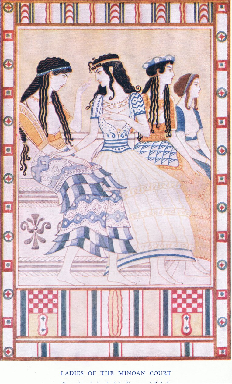 A minószi udvar hölgyei, illusztráció a Krétai mítoszok és a Pre-hellén Európa pubból. a Gresham Publishing Company Limited által, 1920-as évek (színes litho) alkotó: John Duncan