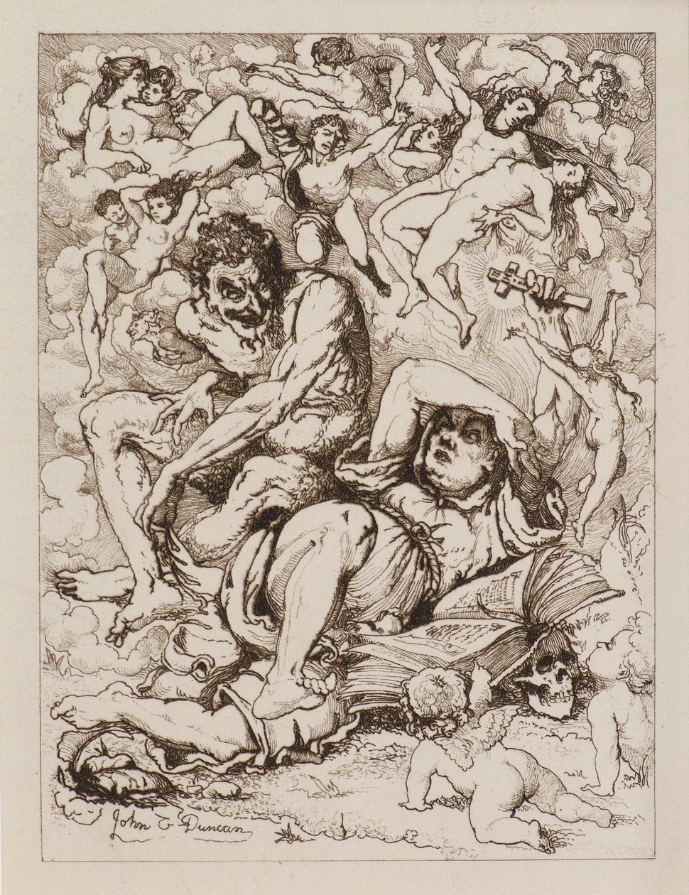 Keresztet tartó fekvő figura, a közelben ülő ördög, lebegő figurákkal körülvéve (rézkarc) alkotó: John Duncan