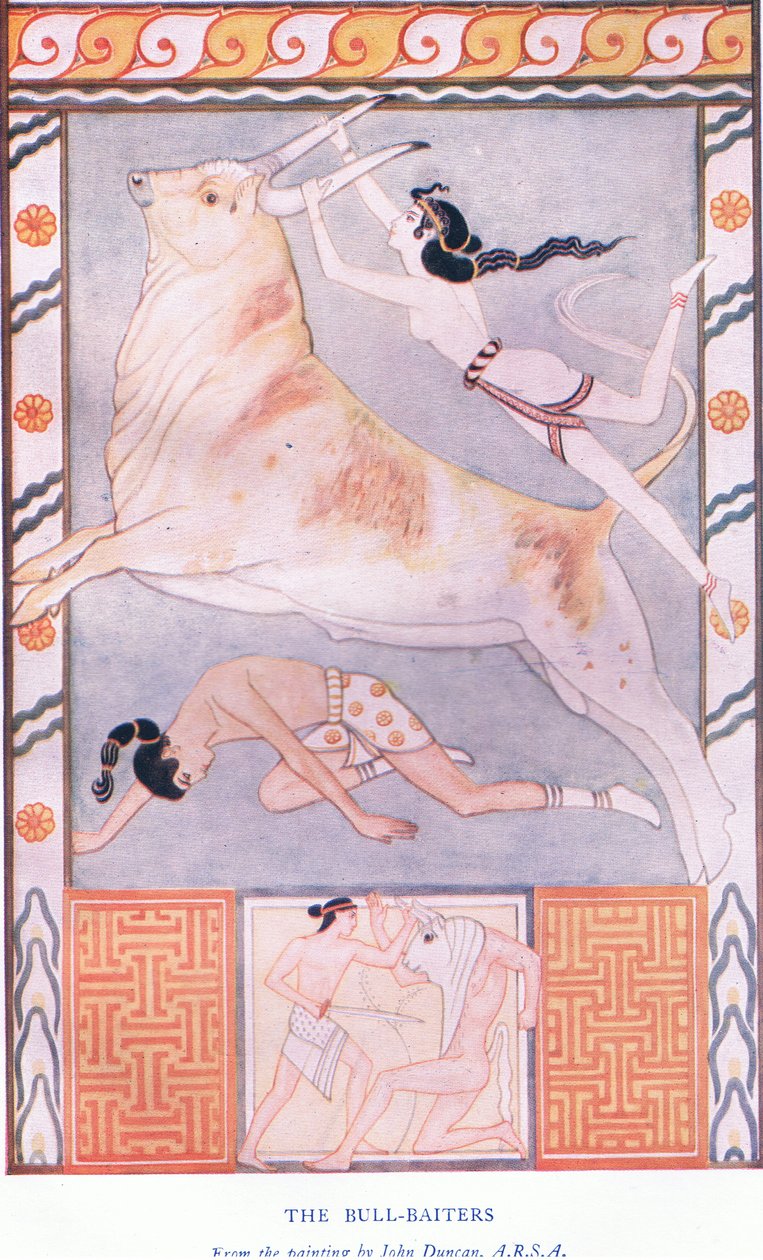 The Bull Baiters, illusztráció a krétai mítoszok és a pre-hellén Európa pubból. a Gresham Publishing Company Limited 1920-as években alkotó: John Duncan