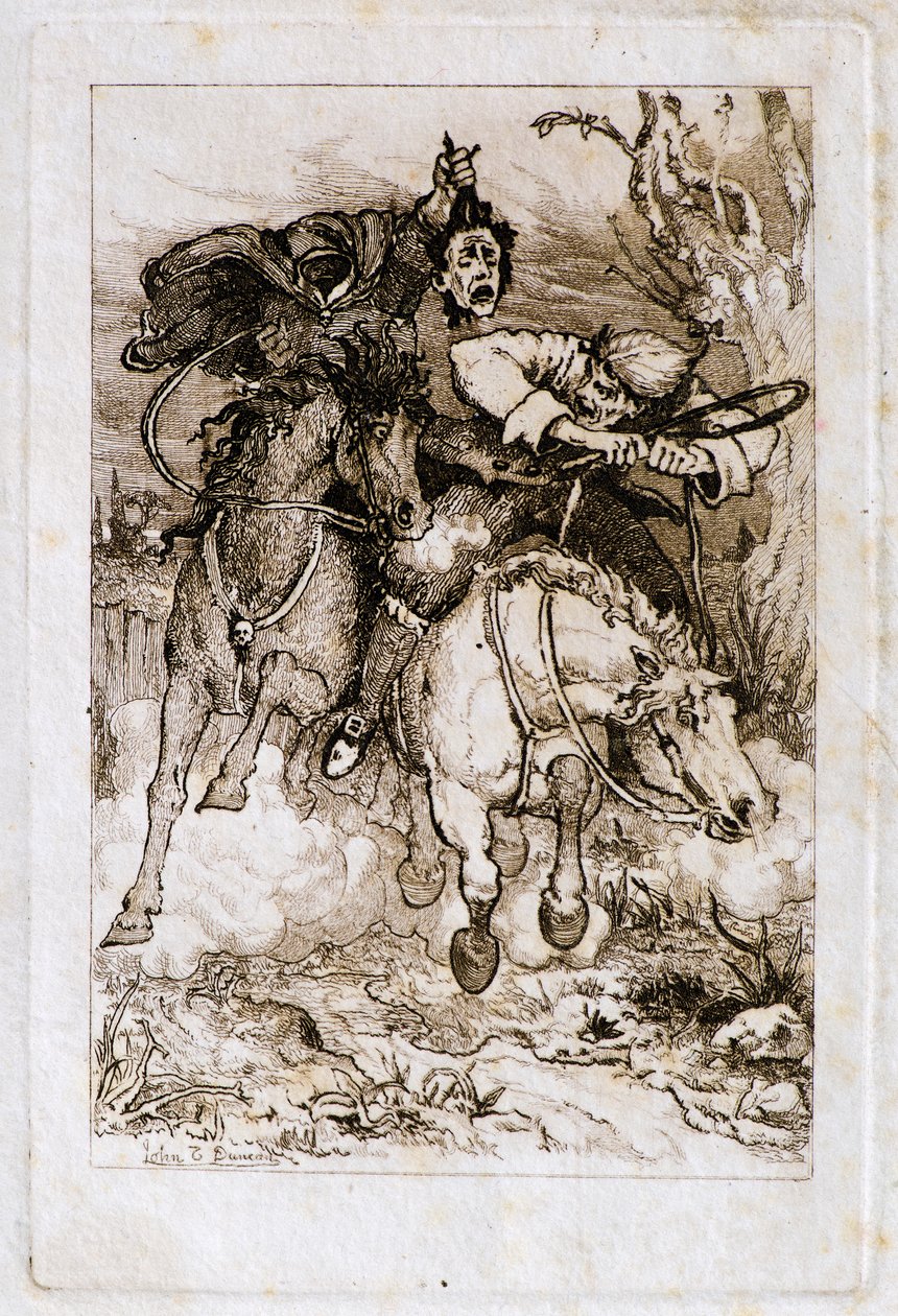 Két vágtázó lovas [az egyik a saját fejét hordja] (rézkarc) alkotó: John Duncan