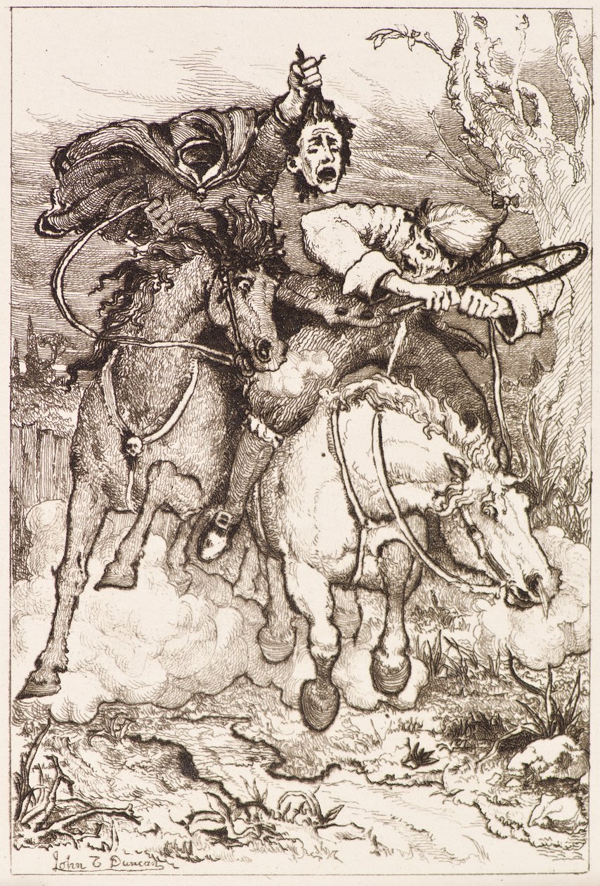 Két vágtázó lovas [az egyik a saját fejét hordja] (rézkarc) alkotó: John Duncan