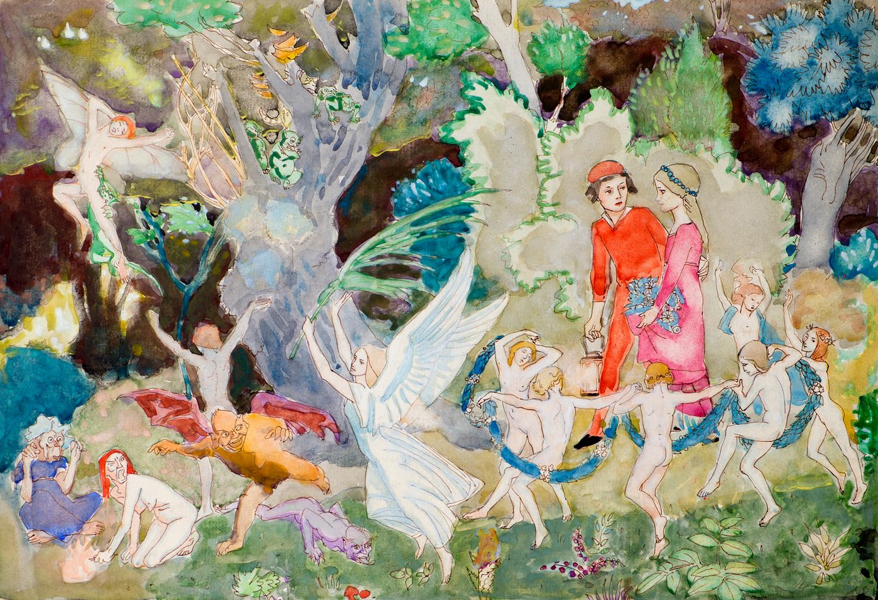 Yorinda és Yoringel a boszorkányok erdőjében (akvarell) alkotó: John Duncan
