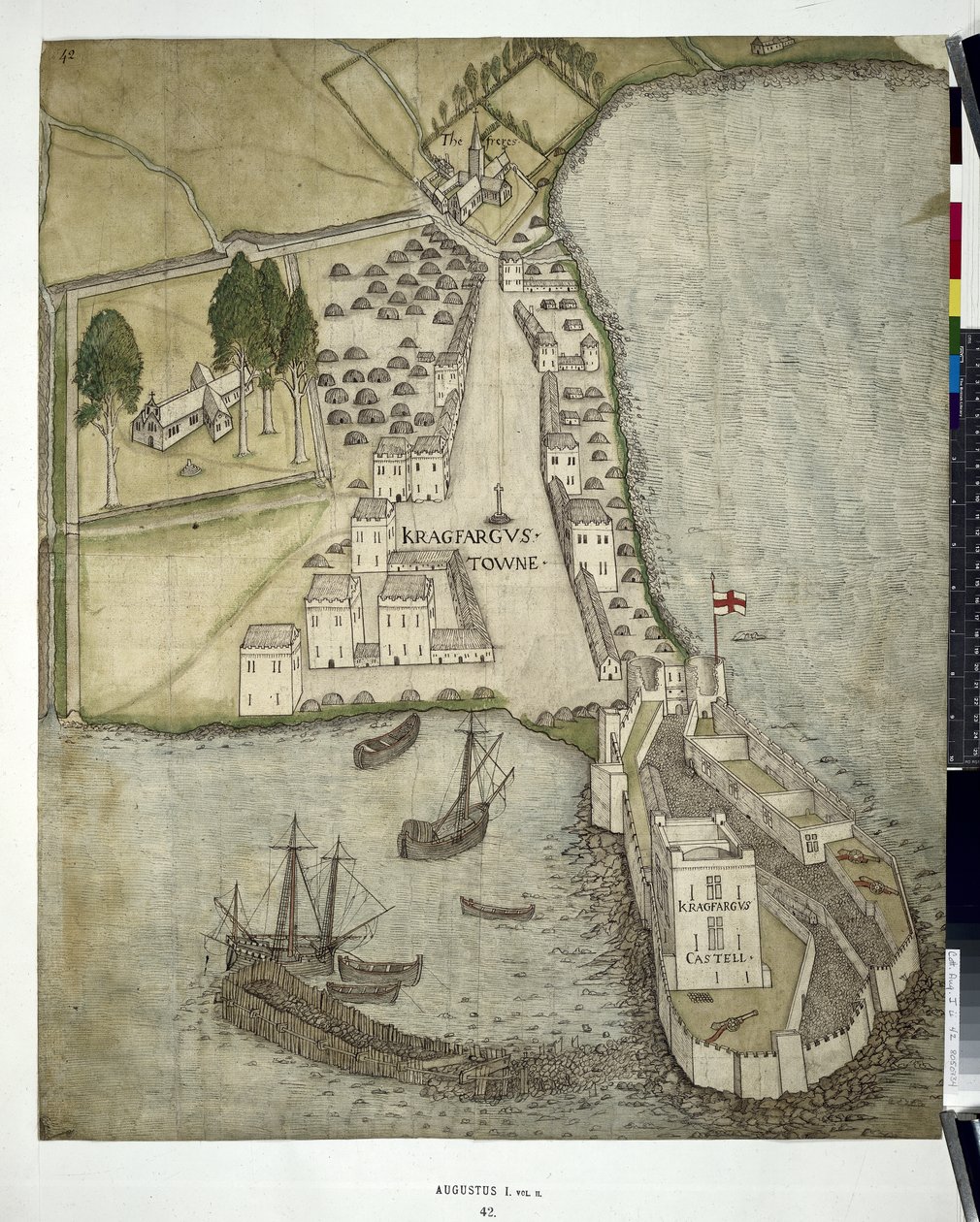 Cotton MSS Augustus I ii 41 Plan of Carrickfergus (Co. Antrim) 1612 (toll és tinta mosással papíron) alkotó: John Dunstall