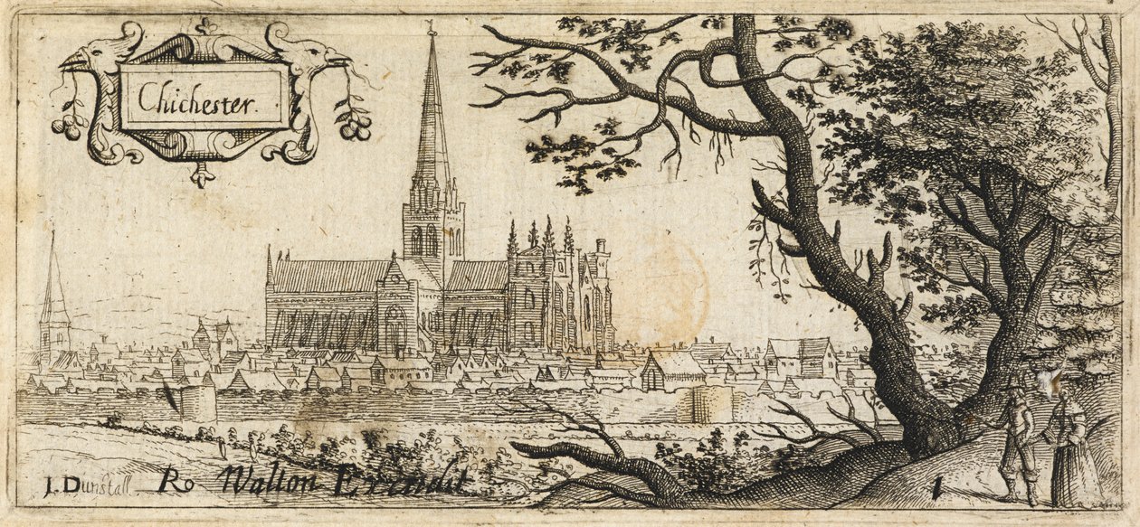 Két alak áll egy nagy fa mellett jobb oldalon az előtérben; Chichester városa a távolban; a színen átfutó városfalak; Chichesteri katedrális a kép közepén, 1660 körül (rézkarc) alkotó: John Dunstall