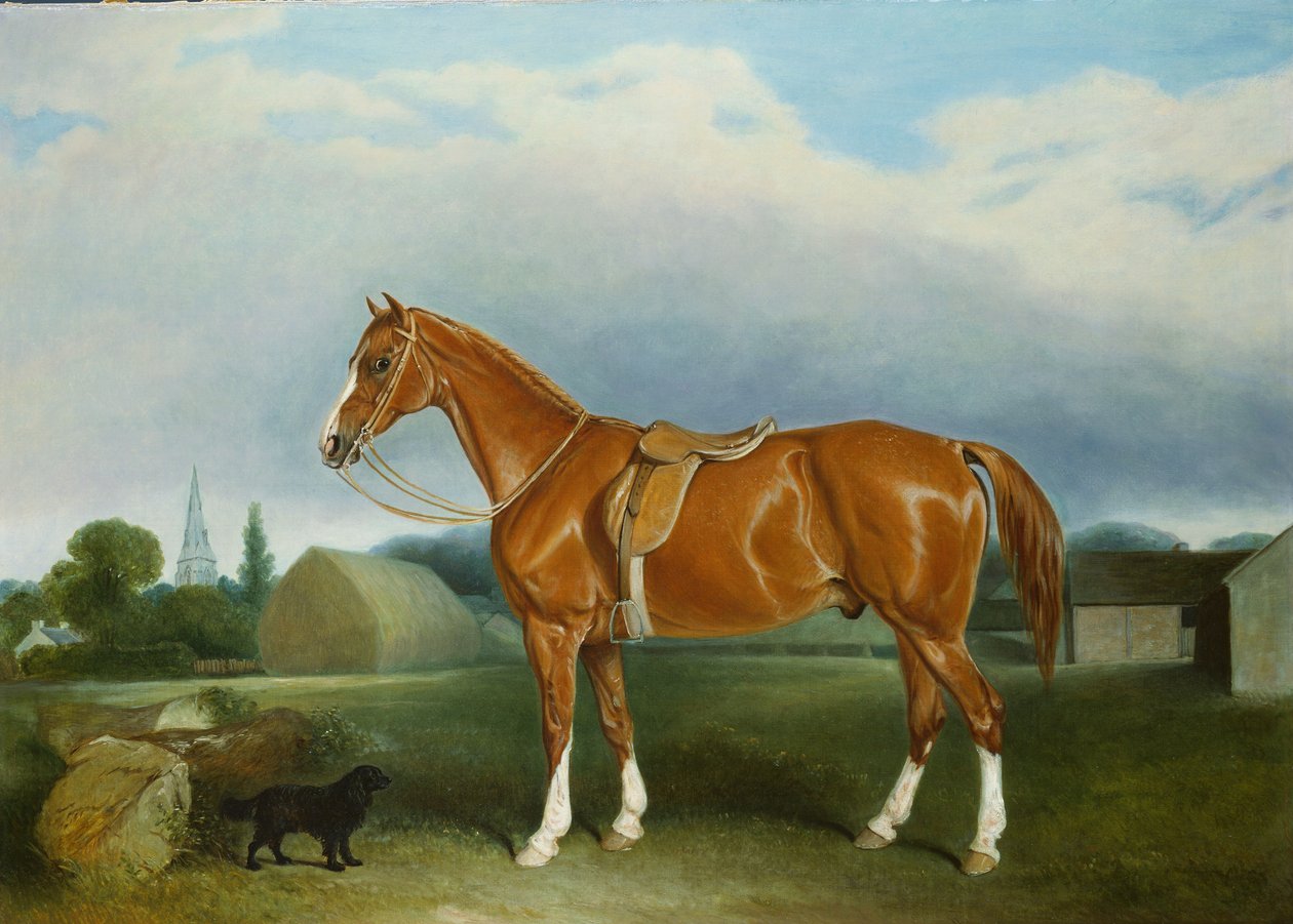Egy gesztenyevadász és egy spániel a Farm Buildingstől alkotó: John E. Ferneley