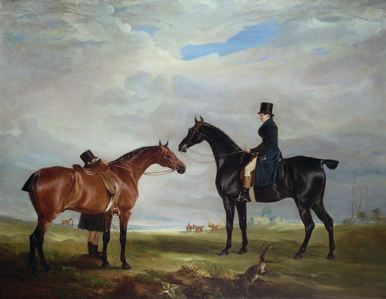 Frank Hall álljon a fekete vadászon egy vőlegénnyel és egy második lóval alkotó: John E. Ferneley