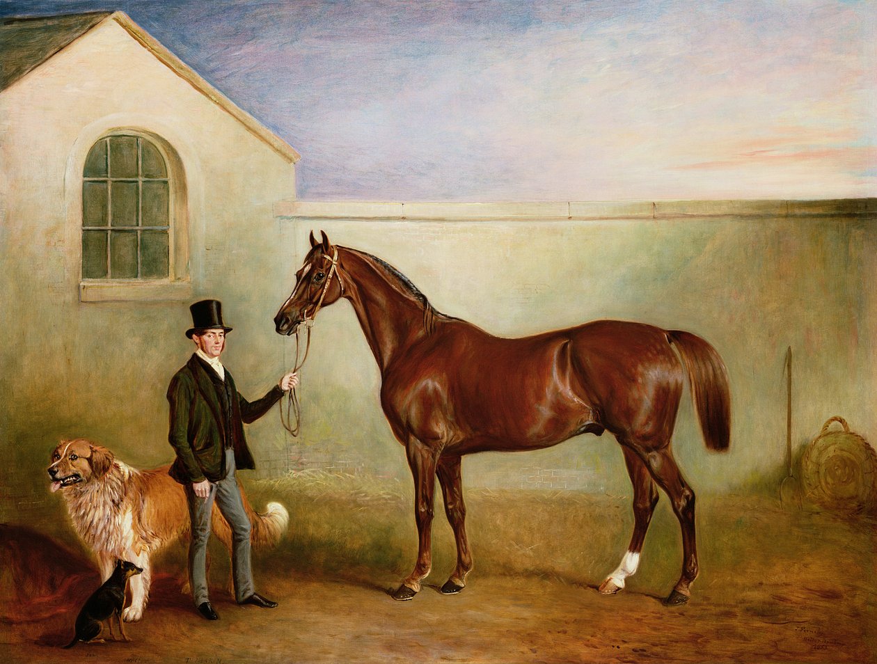 Mr. Meakin Sir Robert Peel gesztenyevadászát tartja a kezében kutyájával "Hector" és "Jem" alkotó: John E. Ferneley