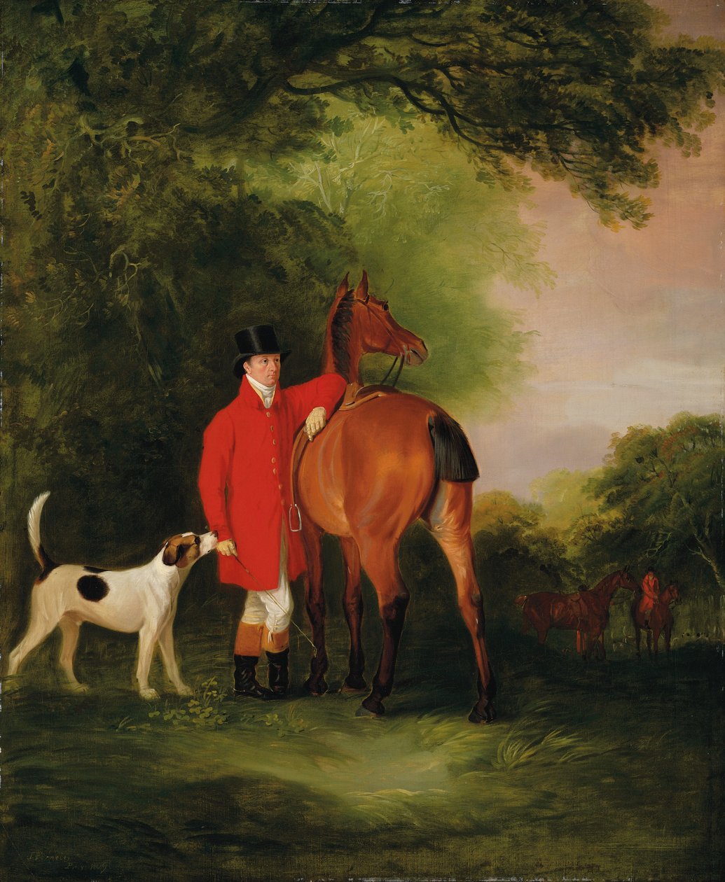 Lord Lismore portréja vadászkabátban öbölvadászával és vadászkutyájával, egy tájban, egy vadásztársaságon túl alkotó: John E. Ferneley