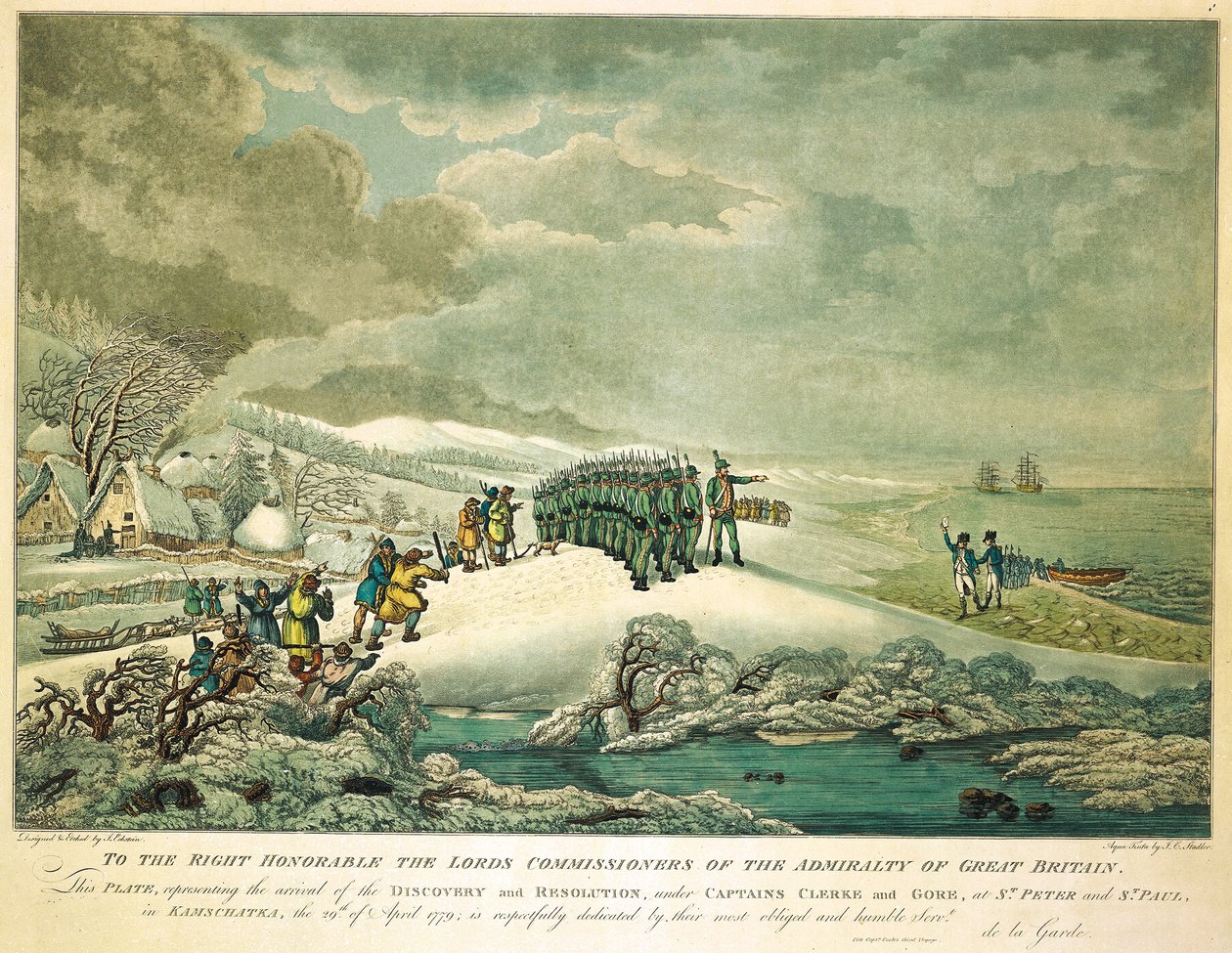 Nagy-Britannia Admiralitásának Tiszteletreméltó Biztosainak, ez a Clerke és Gore kapitányok vezetésével a "Discovery" és a "Resolution" megérkezését ábrázoló tábla. alkotó: John Eckstein