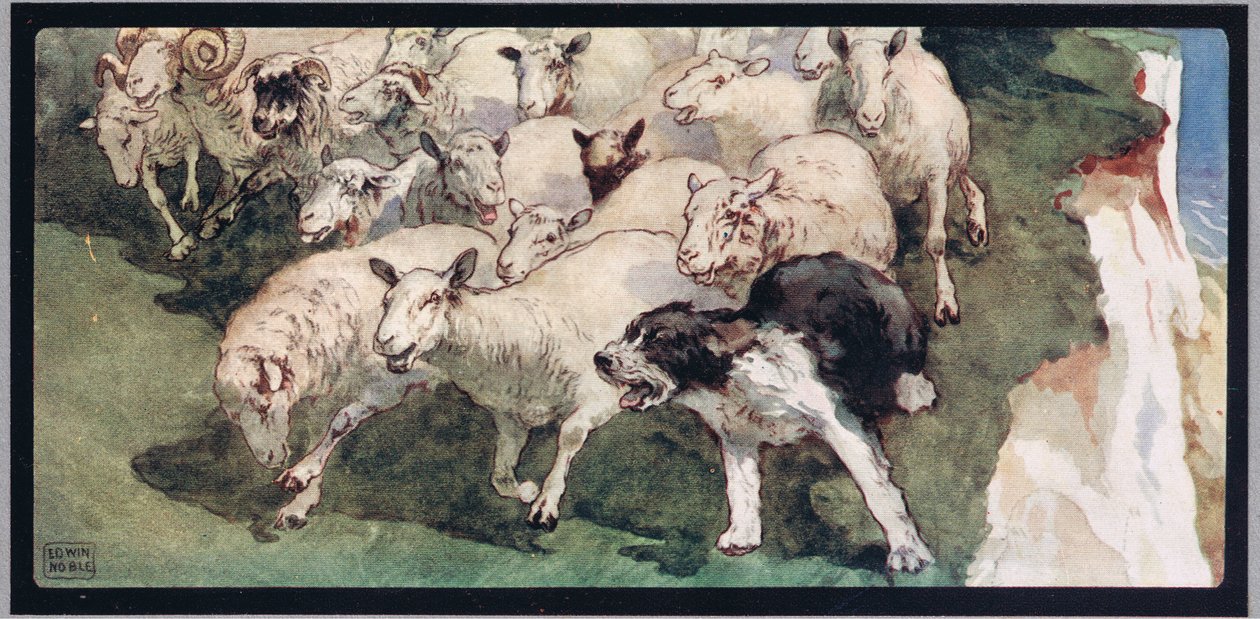Bobtail juhászkutya és nyáj a sziklákon, Gladys Davidson 1919-ben megjelent „Segítők keze nélkül” című illusztrációja (színes litó) alkotó: John Edwin Noble