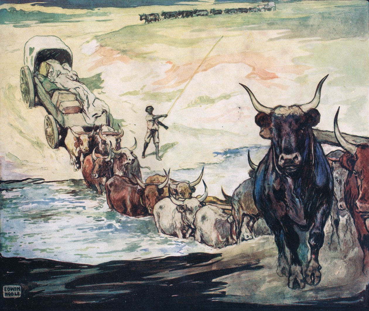 Átkelés a folyón, Gladys Davidson 1919-ben megjelent „Segítők keze nélkül” című illusztrációja (színes litó) alkotó: John Edwin Noble
