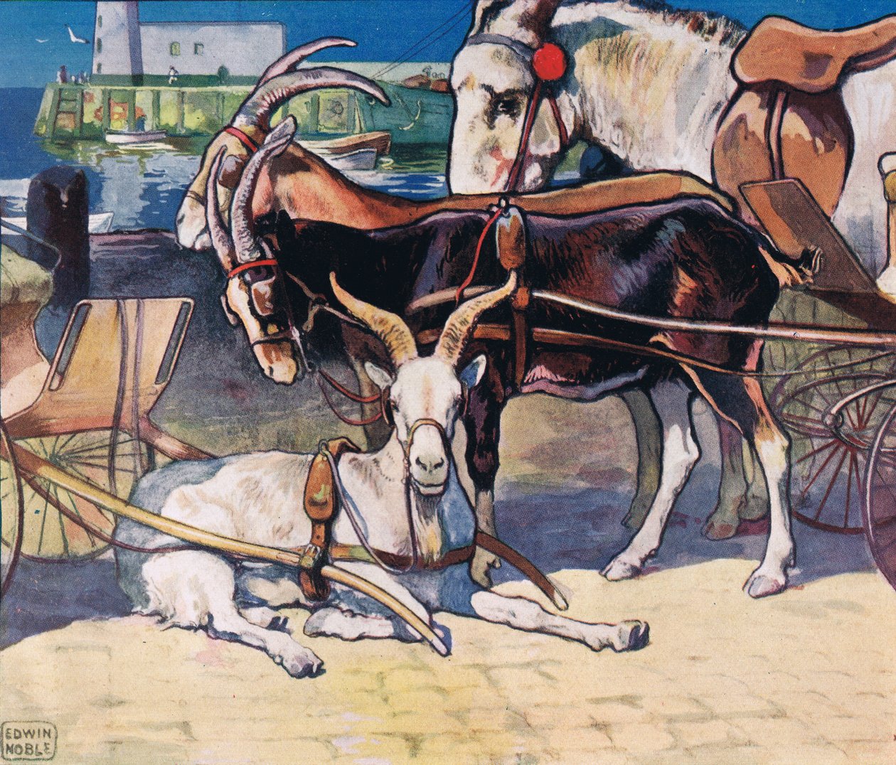 Pihenő kecskék, illusztráció Gladys Davidson „Helpers Without Hands” című művéből, 1919-ben (színes litó) alkotó: John Edwin Noble