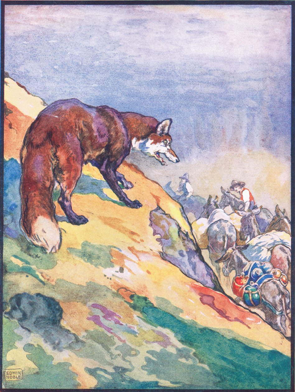 A Raphael Tuck & Sons Ltd. kiadásában kiadott „He Perceived the Train of Patient Mules”, illusztráció „A róka és bolond félelme” című művéhez az „Animal Legends from Many Lands” (Színes litó) alkotó: John Edwin Noble