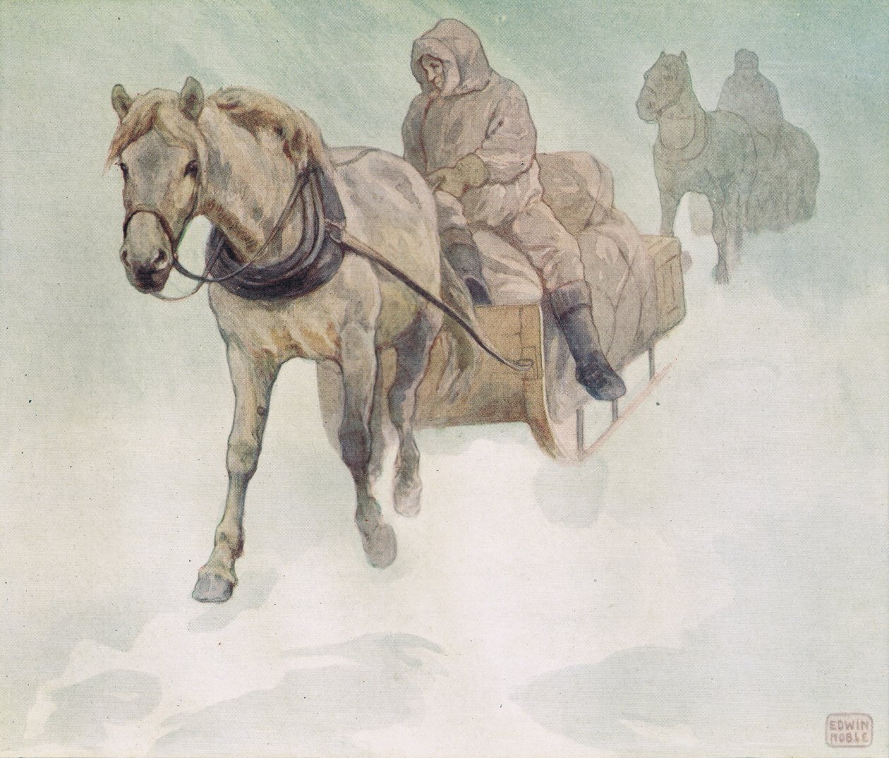 Lovas szán, illusztráció Gladys Davidson 1919-ben megjelent „Segítők keze nélkül” című művéből (színes litó) alkotó: John Edwin Noble