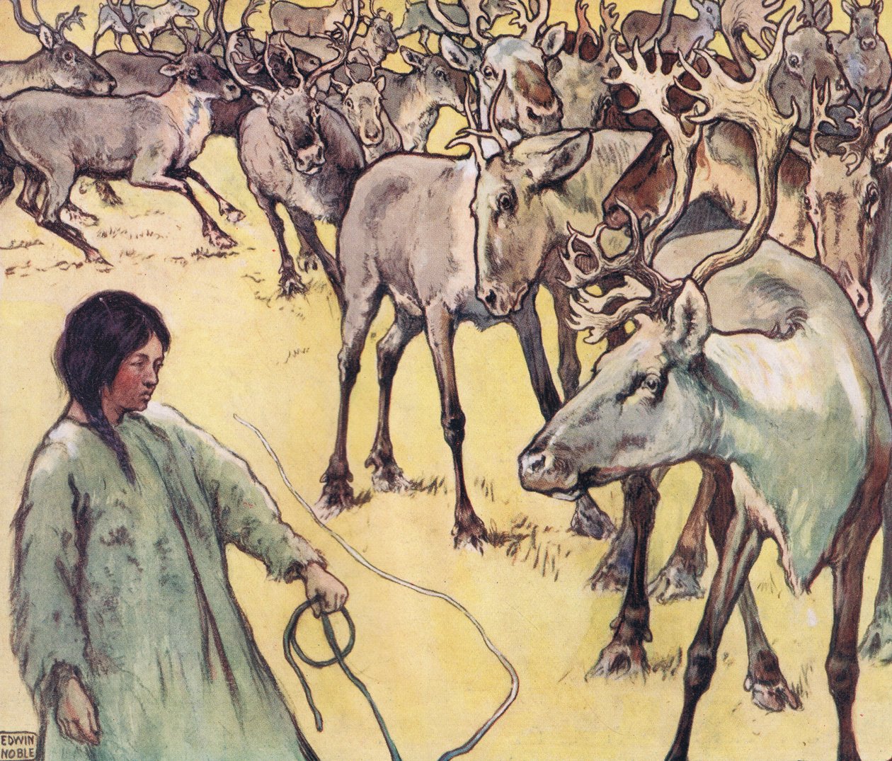Jávorszarvas csorda, Gladys Davidson 1919-ben megjelent „Segítők keze nélkül” című illusztrációja (színes litó) alkotó: John Edwin Noble