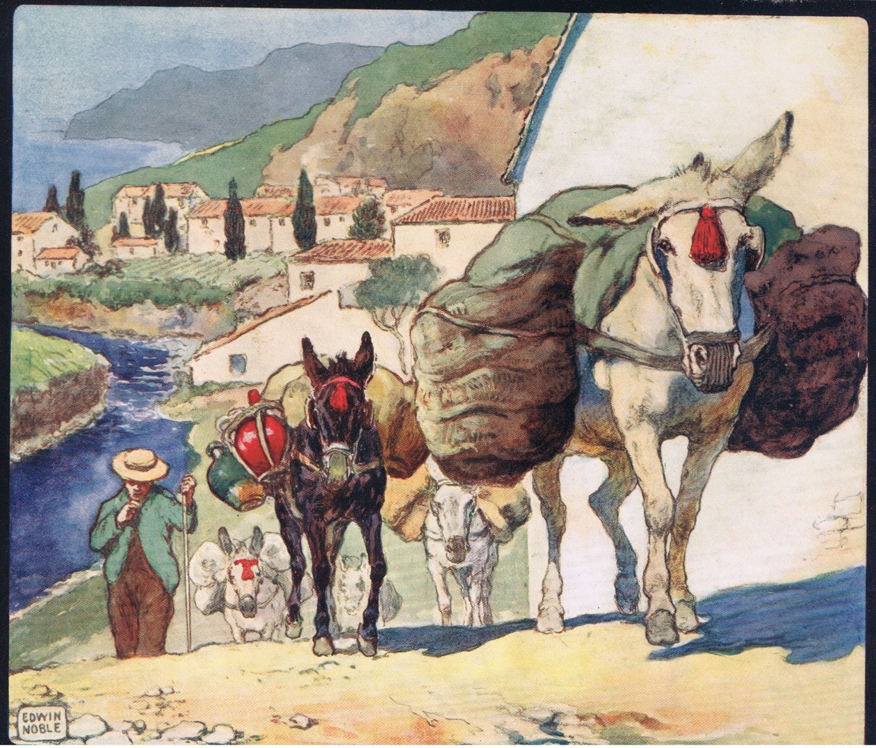 Öszvérek egy spanyol bérleten, Gladys Davidson 1919-ben megjelent „Segítők keze nélkül” illusztrációja (színes litó) alkotó: John Edwin Noble