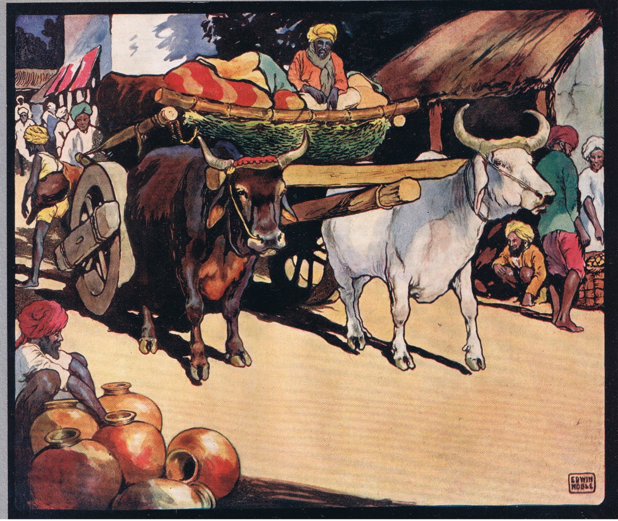 Szekeret húzó ökrök, Gladys Davidson „Helpers Without Hands” illusztrációja, 1919-ben (színes litó) alkotó: John Edwin Noble