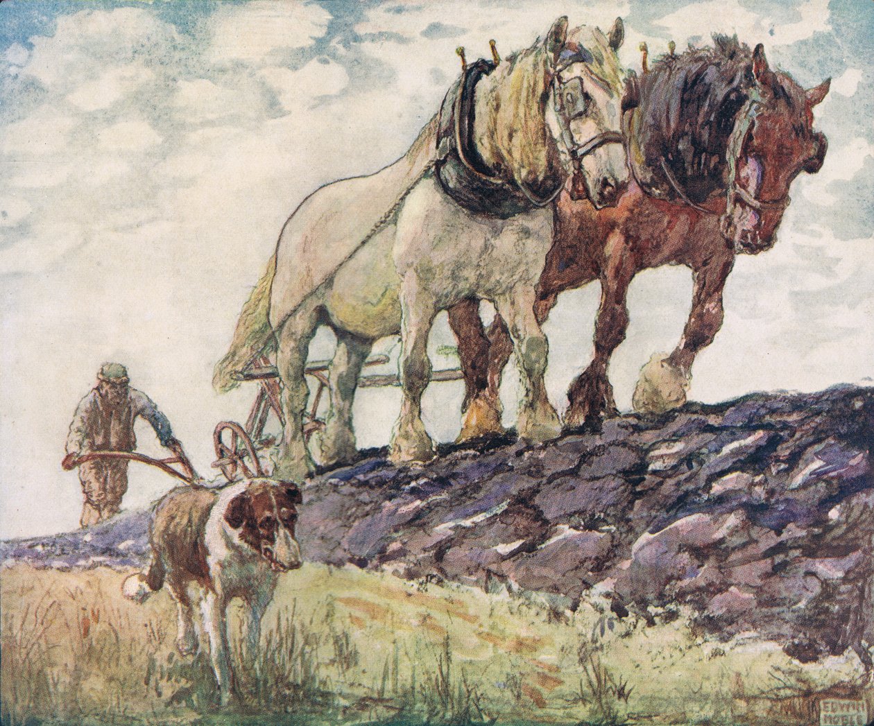 Szántás a mezőn, Gladys Davidson 1919-ben megjelent „Segítők keze nélkül” illusztrációja (színes litó) alkotó: John Edwin Noble