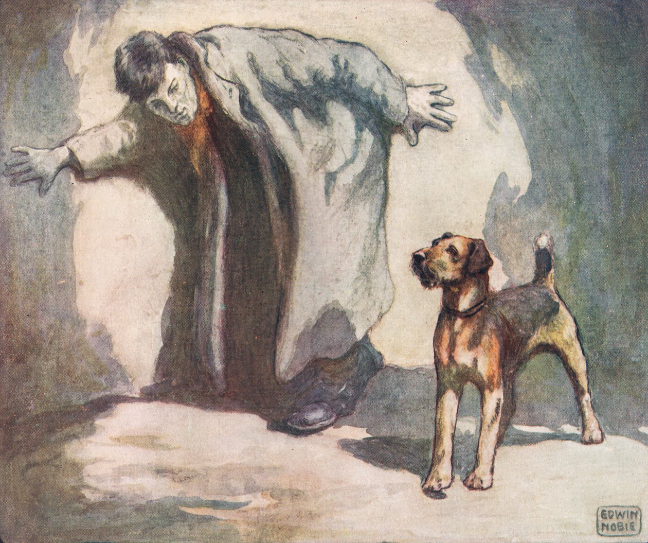Rendőrkutya munka közben, Gladys Davidson 1919-ben megjelent „Segítők keze nélkül” című illusztrációja (színes litó) alkotó: John Edwin Noble