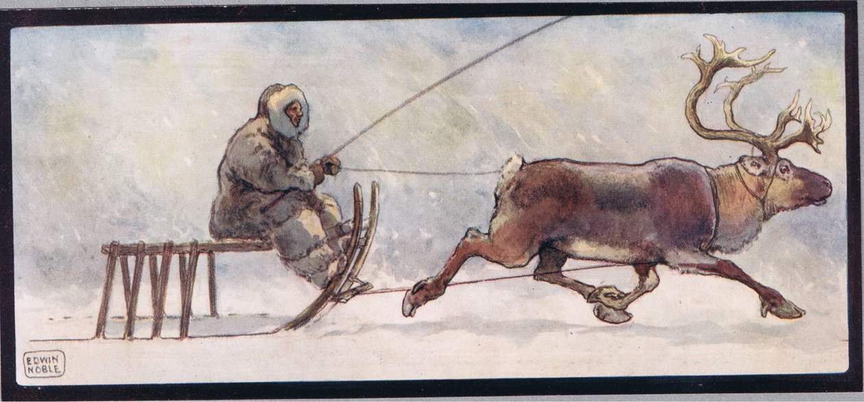 Rénszarvas és szán, illusztráció Gladys Davidson 1919-ben megjelent „Segítők keze nélkül” című művéből (színes litó) alkotó: John Edwin Noble