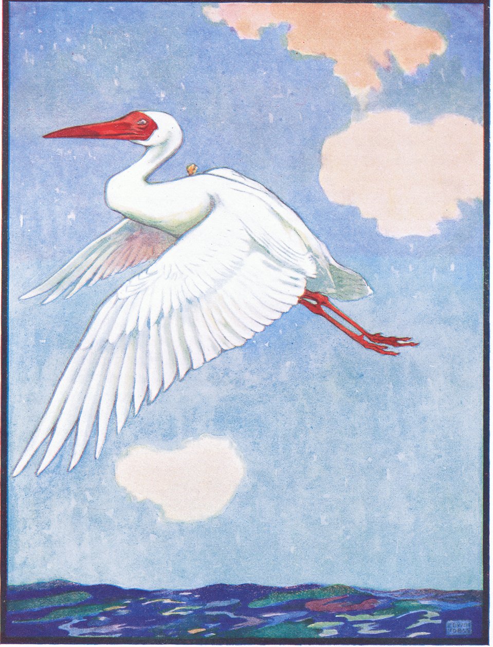 „Hol van az a pillangó”, Wondered the Crane, illusztráció a „Reynard the Fox”-hoz, az „Animal Legends from Many Lands”-ből, kiadó: Raphael Tuck & Son Ltd. (színes litó) alkotó: John Edwin Noble