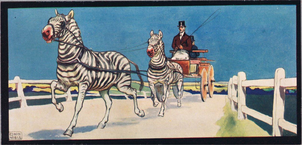 Szekeret húzó zebrák, Gladys Davidson 1919-ben megjelent „Segítők keze nélkül” című illusztrációja (színes litó) alkotó: John Edwin Noble