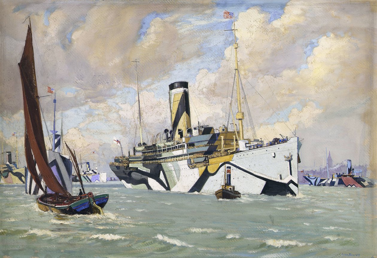 Egy segédfegyveres cirkáló, amely amerikai csapatokat szállító konvojt hoz a Temzén (Anglia). alkotó: John Everett
