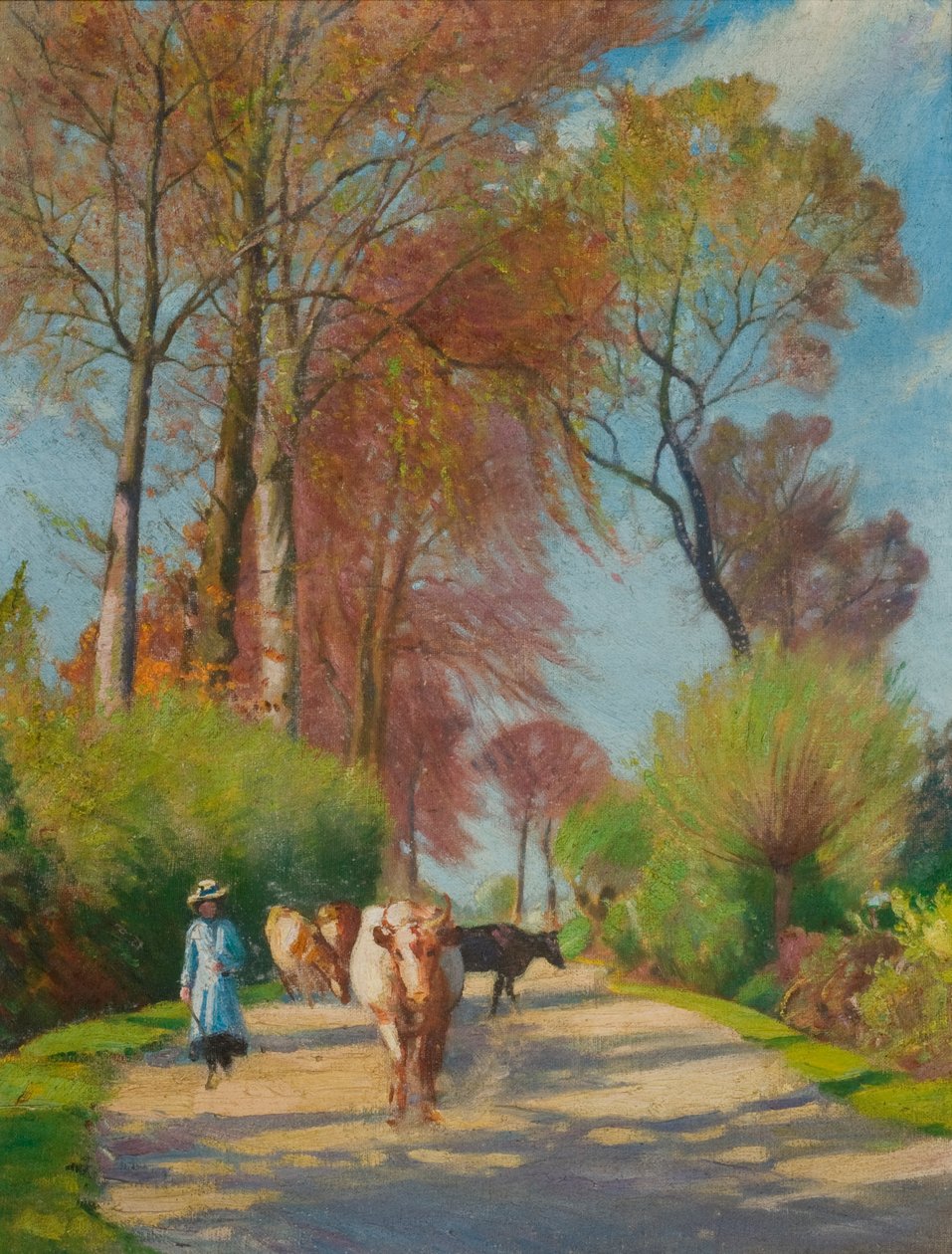 Country Lane figurával és tehénnel (olaj a fedélzeten) alkotó: John Everett