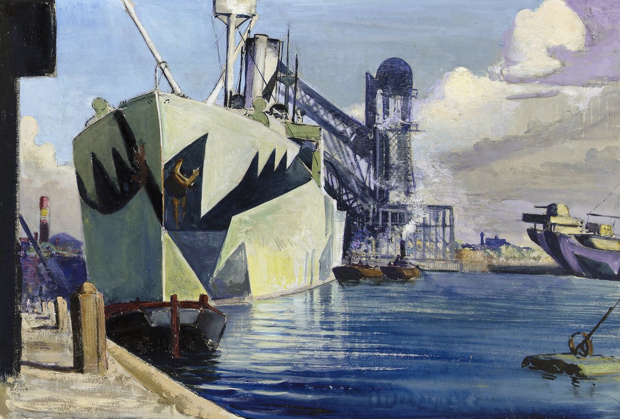 A liverpooli Dock Canada, egy lehorgonyzott hadihajóval, színes álcázófestéssel. Herbert Barnard John Everett (1876-1949) festménye. alkotó: John Everett