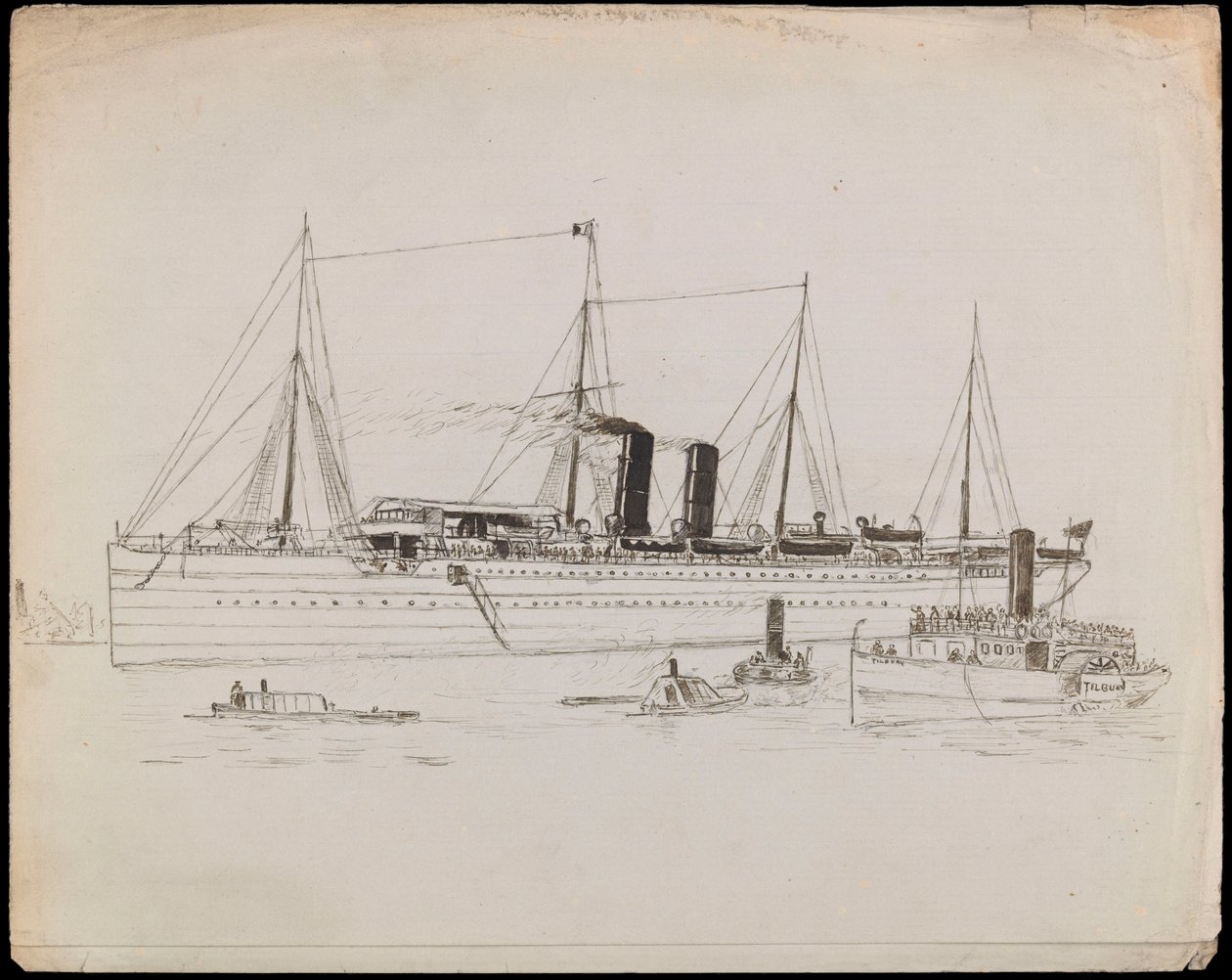 PAH1225; Gőzhajó a part közelében, vontatóhajó mellett. Személyhajó vontatóhajóval és a Tilbury nevű lapátkerekes gőzhajó a közelben (rajz). alkotó: John Everett