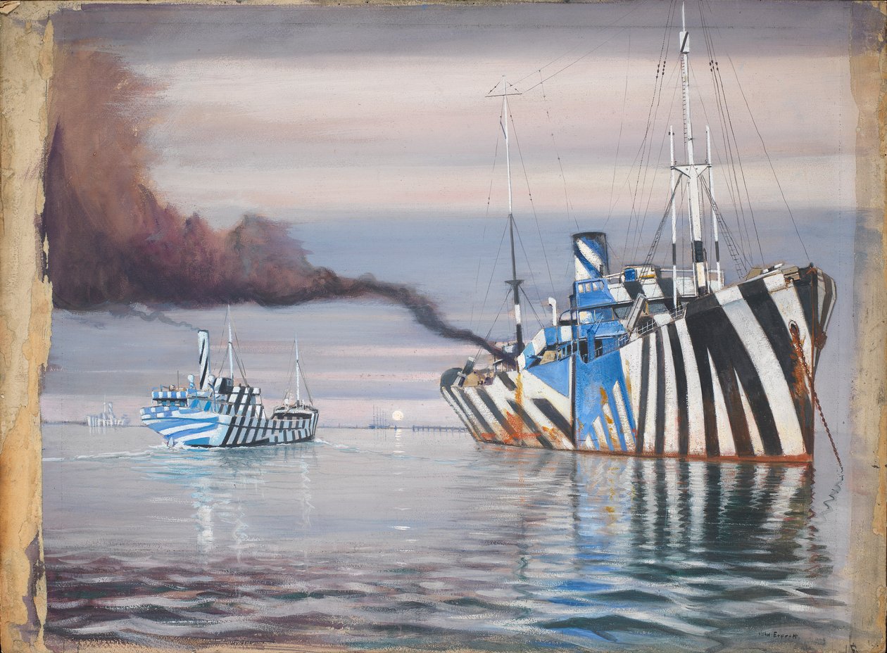 Az S.S. Lepanto és egy másik gőzhajó, mindkettő vakító festéssel, horgonyozva a nyugodt vízben. alkotó: John Everett
