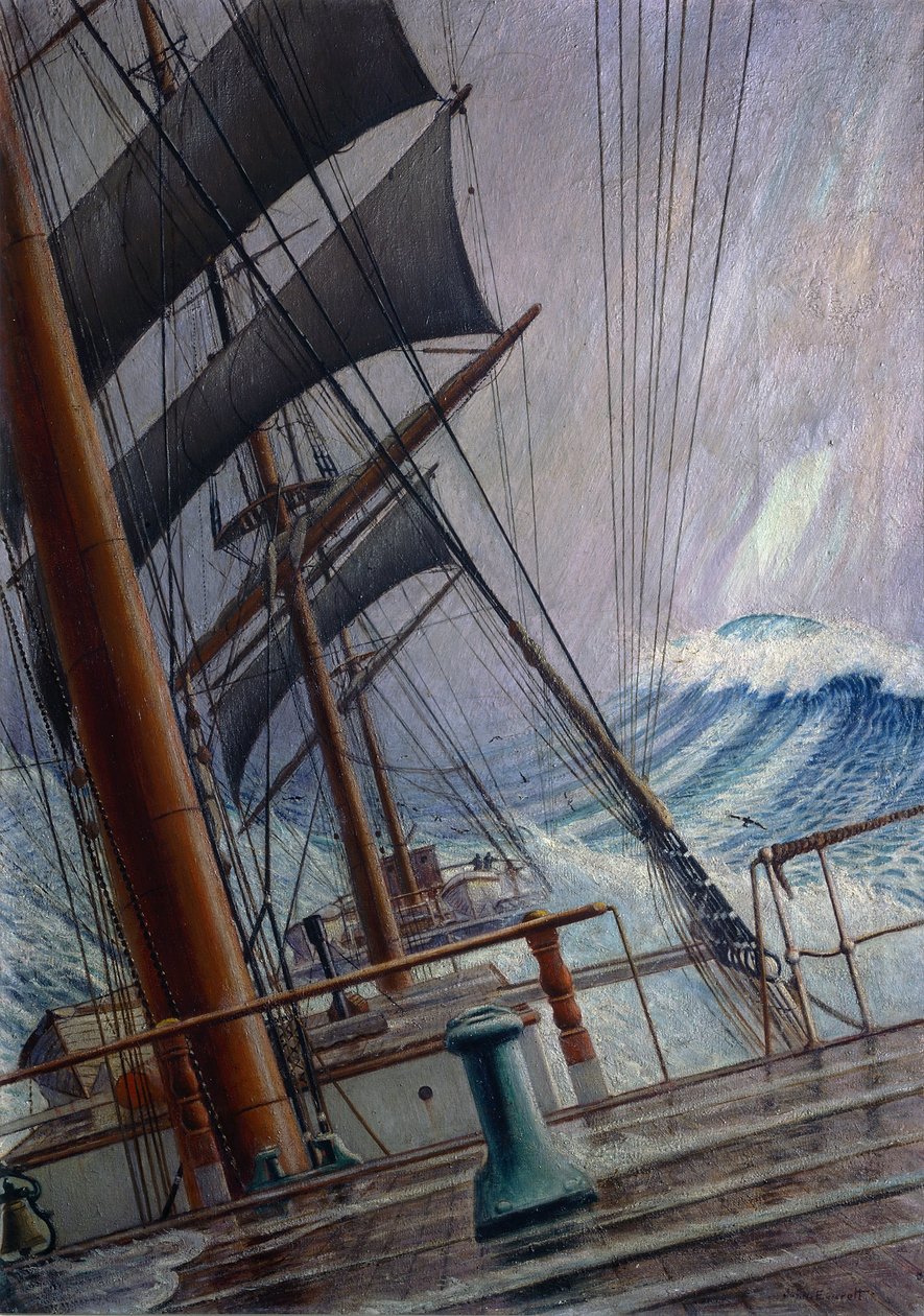 Jelenet a "Wiscombe Park" hídján, a vihar által megtámasztva. Olaj, papír, 1921 körül, készítette Herbert Barnard John Everett (1876-1949). alkotó: John Everett