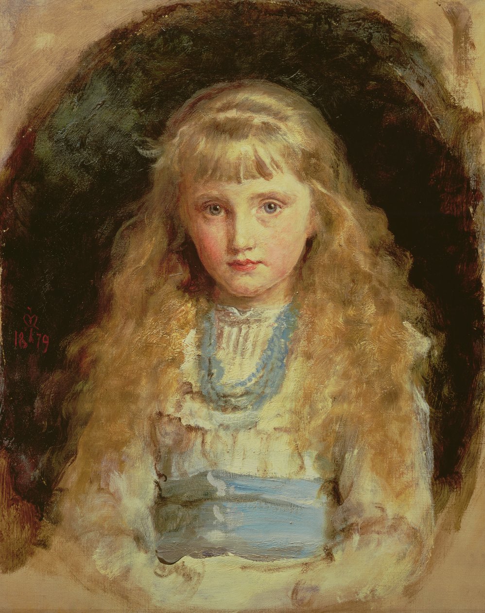 Beatrice Caird portréja, aki kék szárnyas fehér ruhát visel alkotó: John Everett Millais