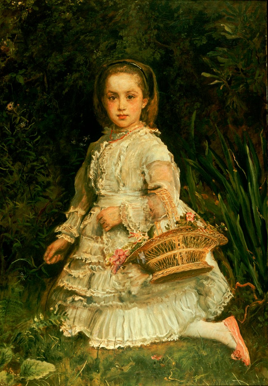 Gracia portréja, teljes alakban, fehér ruhát visel, vadvirágokat szed alkotó: John Everett Millais