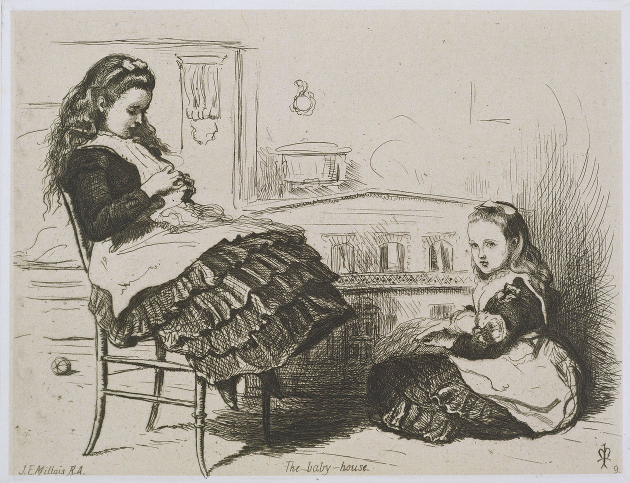A Baby House, a 9. számú rézkarcsorozat a London Art Union of London számára, az Etching Club által (rézkarc indiai próbapapírra, szőtt papírra fektetve) alkotó: John Everett Millais